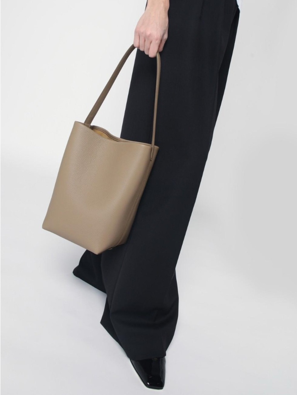 Taupe Leather Bucket Bag with Shoulder Strap